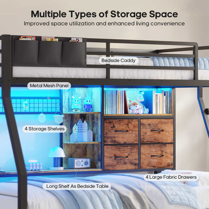 ADORNEVE | Bunk Bed Twin Over Twin with Charging Station and 4 Drawers Bunk Beds with Shelves and Metal Grid Panel Bunk Beds with Safety Guardrail and Slanted Ladder