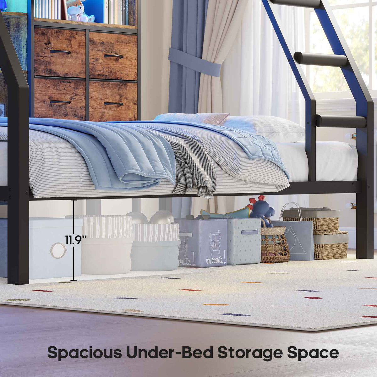 ADORNEVE | Bunk Bed Twin Over Twin with Charging Station and 4 Drawers Bunk Beds with Shelves and Metal Grid Panel Bunk Beds with Safety Guardrail and Slanted Ladder