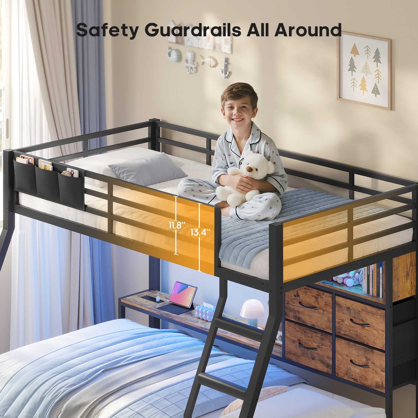 ADORNEVE | Bunk Bed Twin Over Twin with Charging Station and 4 Drawers Bunk Beds with Shelves and Metal Grid Panel Bunk Beds with Safety Guardrail and Slanted Ladder