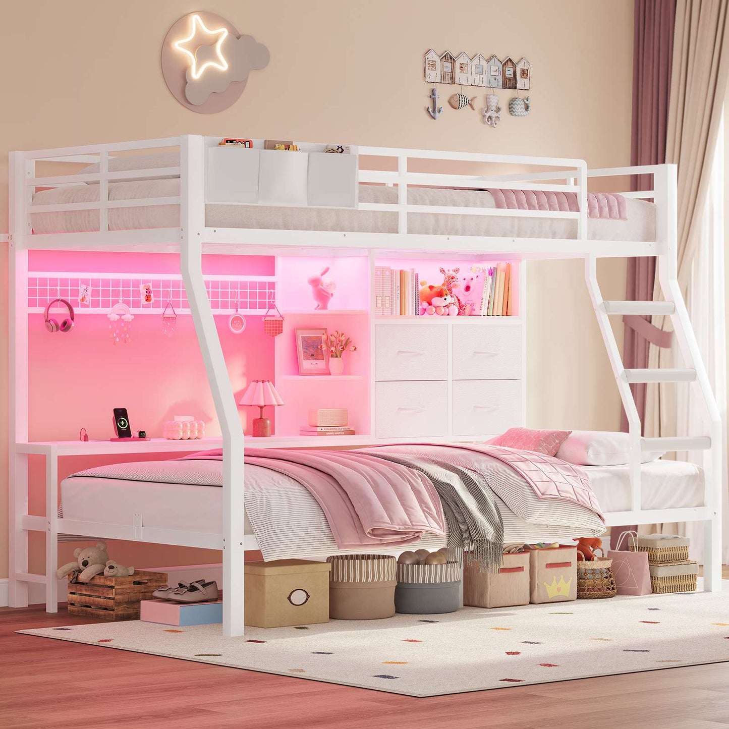 ADORNEVE | Bunk Bed Twin Over Twin with Charging Station and 4 Drawers Bunk Beds with Shelves and Metal Grid Panel Bunk Beds with Safety Guardrail and Slanted Ladder