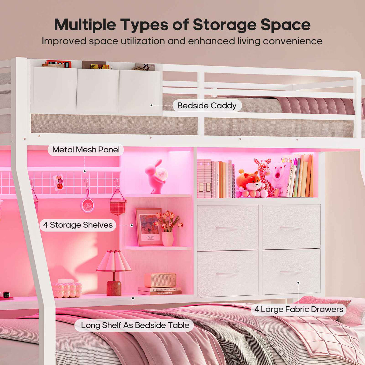 ADORNEVE | Bunk Bed Twin Over Twin with Charging Station and 4 Drawers Bunk Beds with Shelves and Metal Grid Panel Bunk Beds with Safety Guardrail and Slanted Ladder