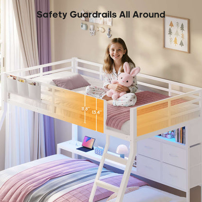 ADORNEVE | Bunk Bed Twin Over Twin with Charging Station and 4 Drawers Bunk Beds with Shelves and Metal Grid Panel Bunk Beds with Safety Guardrail and Slanted Ladder
