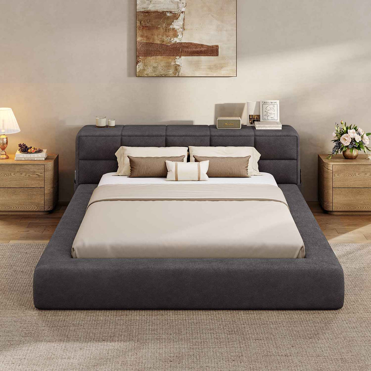 ADORNEVE Upholstered Cloud Bed Frame Queen with 12.6" Thick Storage Headboard and Storage Top Surface Double-sided Storage Pockets