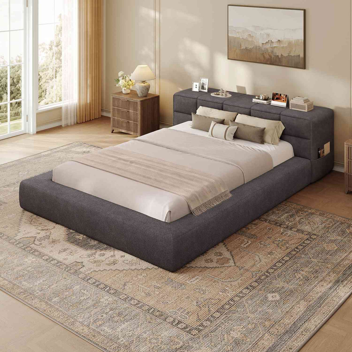 ADORNEVE Upholstered Cloud Bed Frame Queen with 12.6" Thick Storage Headboard and Storage Top Surface Double-sided Storage Pockets