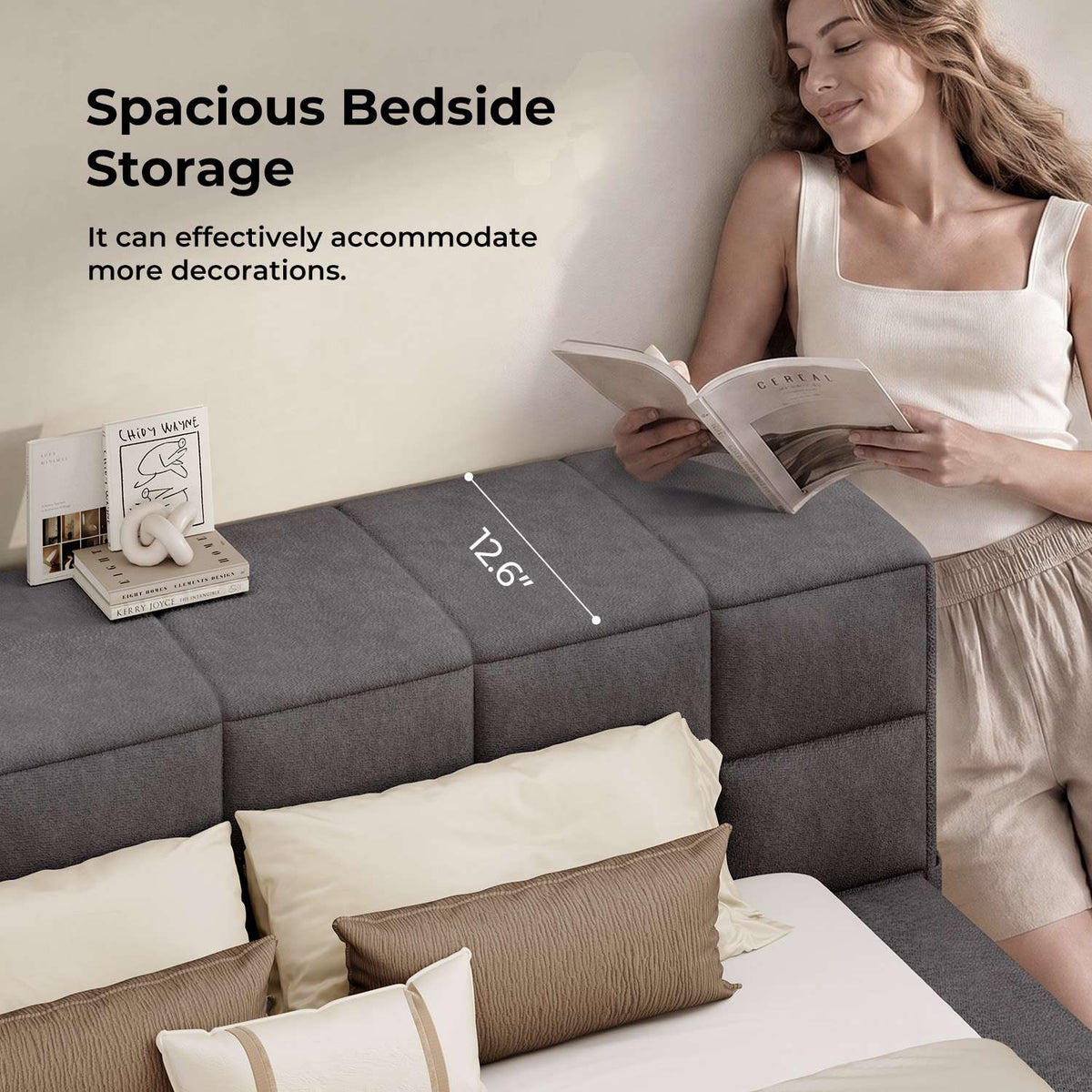 ADORNEVE Upholstered Cloud Bed Frame Queen with 12.6" Thick Storage Headboard and Storage Top Surface Double-sided Storage Pockets