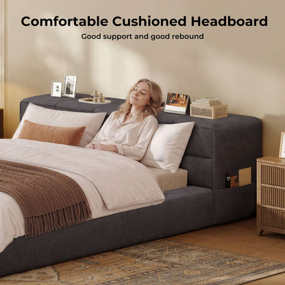 ADORNEVE Upholstered Cloud Bed Frame Queen with 12.6" Thick Storage Headboard and Storage Top Surface Double-sided Storage Pockets