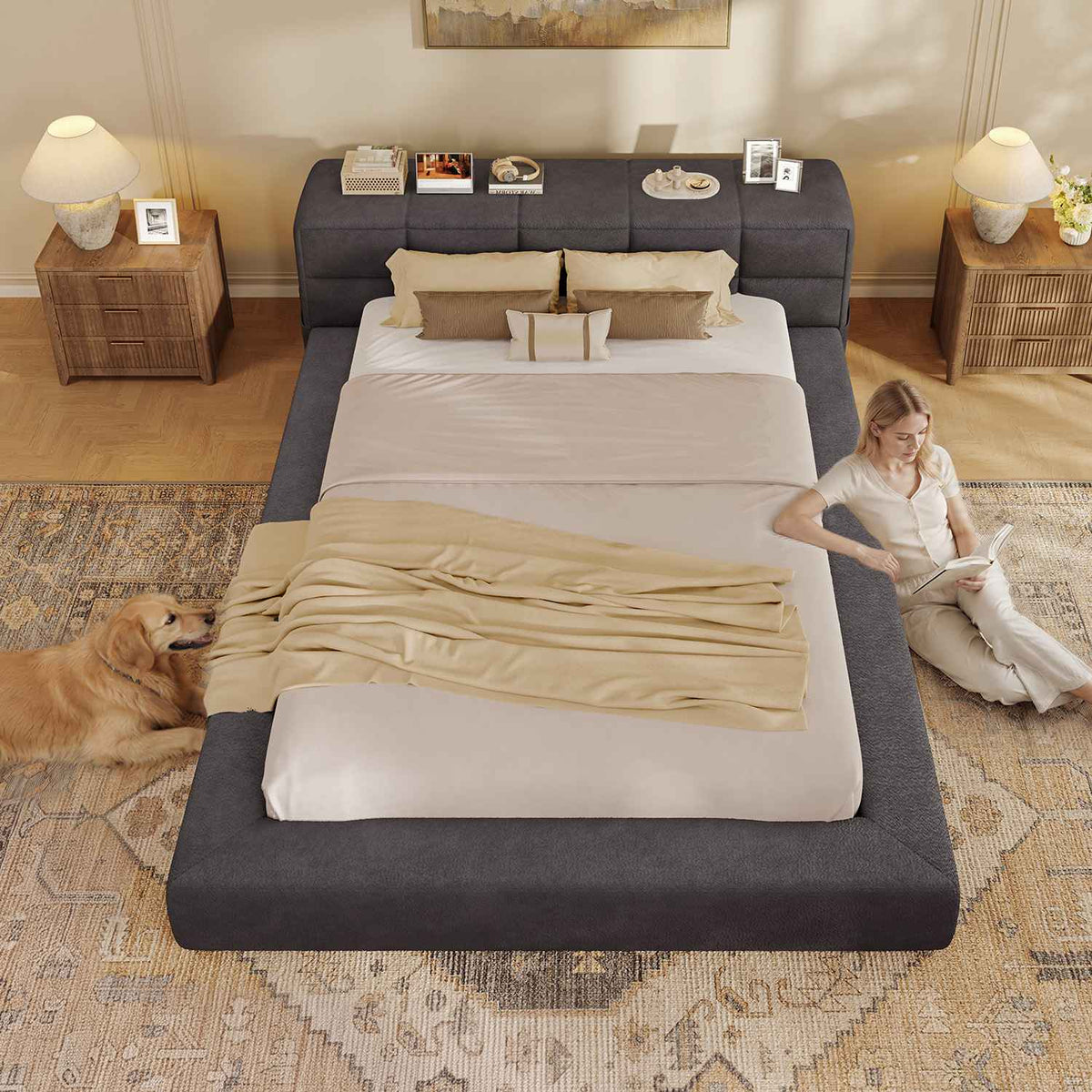 ADORNEVE Upholstered Cloud Bed Frame Queen with 12.6" Thick Storage Headboard and Storage Top Surface Double-sided Storage Pockets
