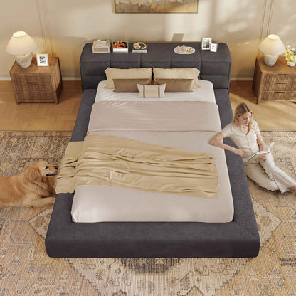 ADORNEVE Upholstered Cloud Bed Frame Queen with 12.6" Thick Storage Headboard and Storage Top Surface Double-sided Storage Pockets