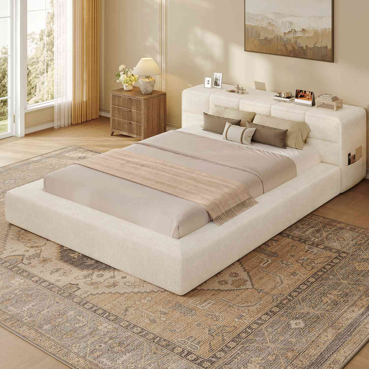 ADORNEVE Upholstered Cloud Bed Frame Queen with 12.6" Thick Storage Headboard and Storage Top Surface Double-sided Storage Pockets