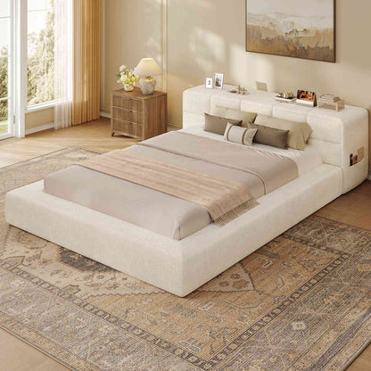 ADORNEVE Upholstered Cloud Bed Frame Queen with 12.6" Thick Storage Headboard and Storage Top Surface Double-sided Storage Pockets