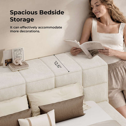ADORNEVE Upholstered Cloud Bed Frame Queen with 12.6" Thick Storage Headboard and Storage Top Surface Double-sided Storage Pockets