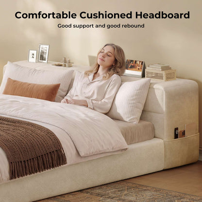 ADORNEVE Upholstered Cloud Bed Frame Queen with 12.6" Thick Storage Headboard and Storage Top Surface Double-sided Storage Pockets