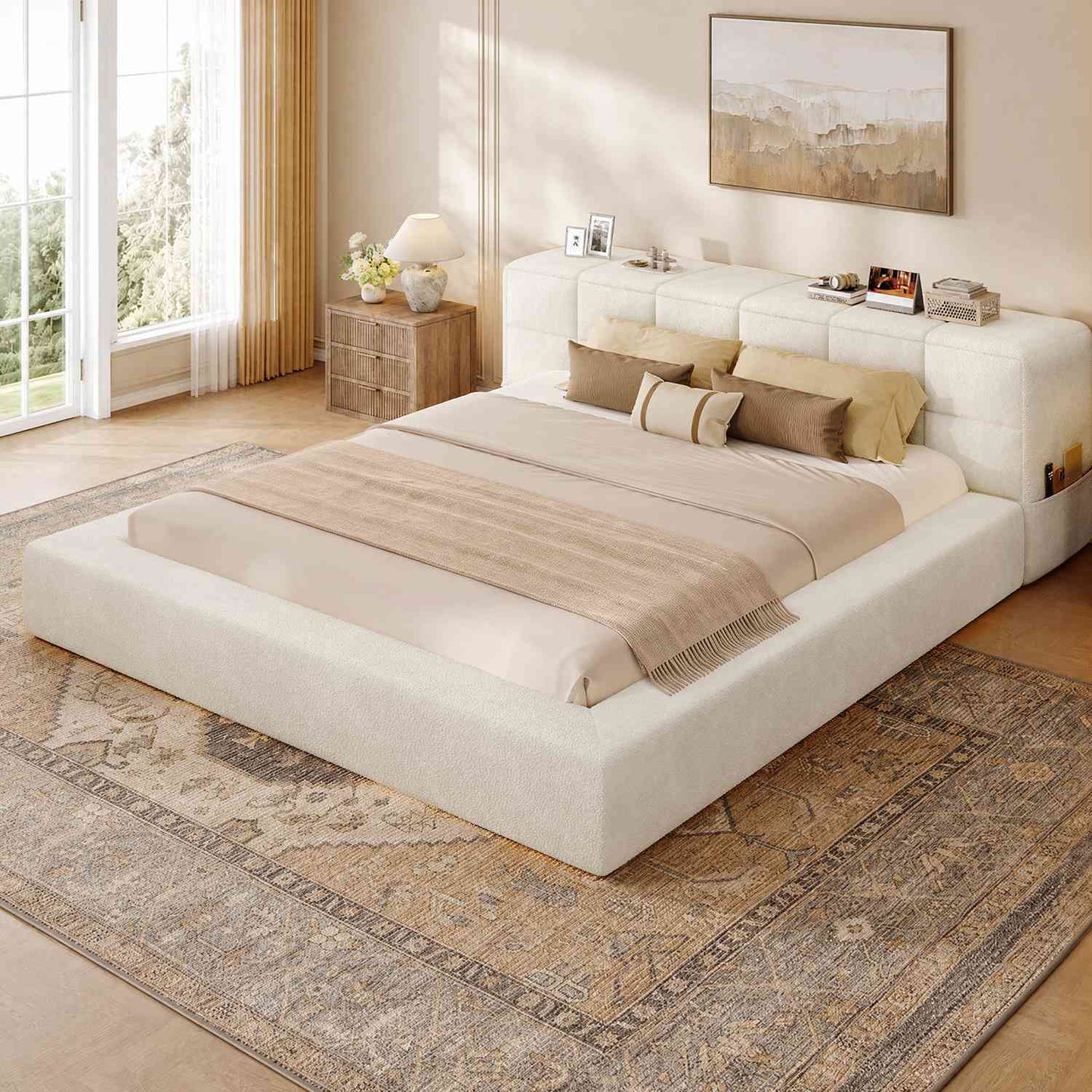 ADORNEVE Upholstered Cloud King Bed Frame with 12.6" Thick Storage Headboard and Storage Top Surface Double-sided Large Storage Pockets