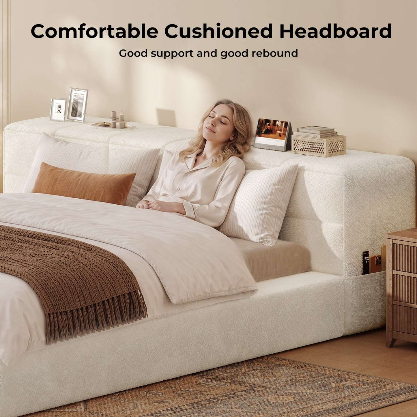 ADORNEVE California King Upholstered Cloud Bed with 12.6" Thick Storage Headboard and Storage Top Surface Double-sided Large Storage Pockets