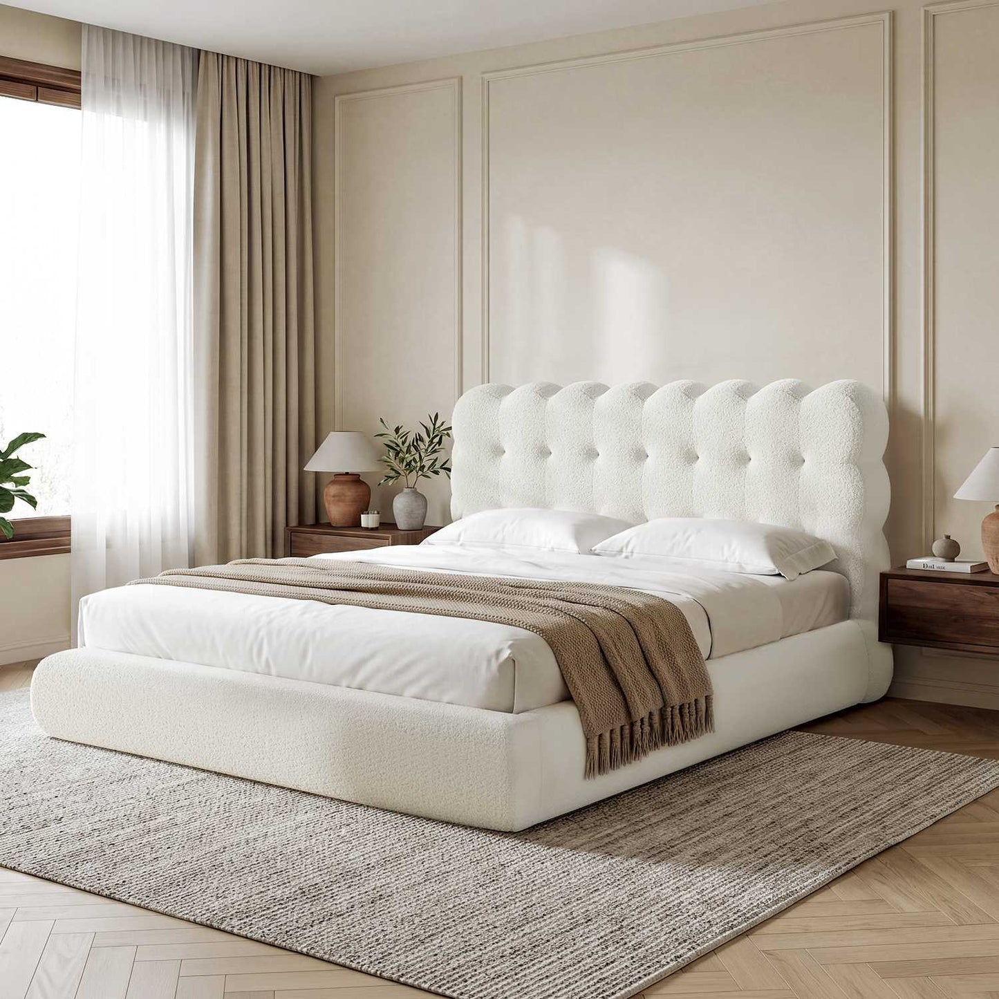 ADORNEVE Upholstered Cloud Bed Frame Queen with Tufted Wave Headboard and 4.9" Fully Cushioned Foam Soft Rounded Corners