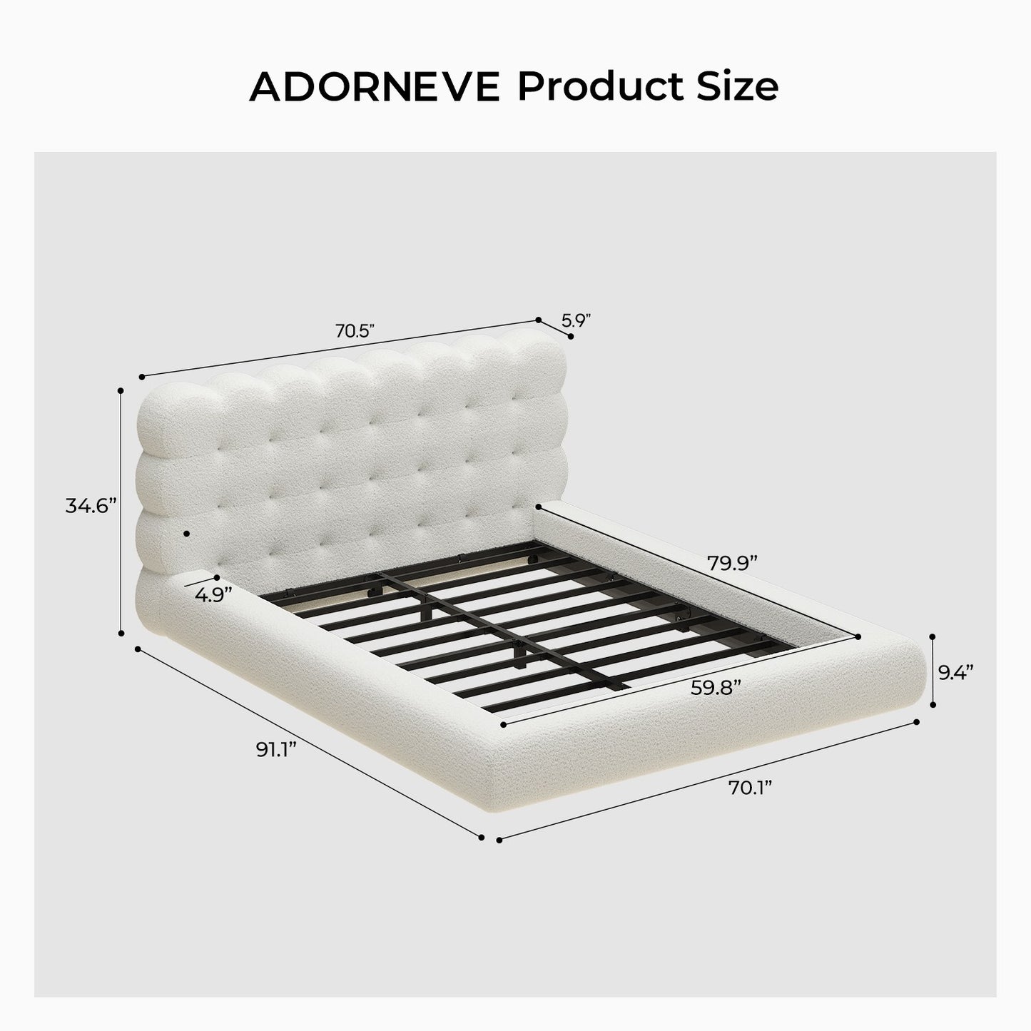 ADORNEVE Upholstered Cloud Bed Frame Queen with Tufted Wave Headboard and 4.9" Fully Cushioned Foam Soft Rounded Corners