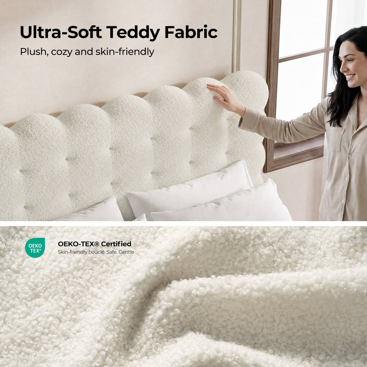 ADORNEVE Upholstered Cloud Bed Frame Queen with Tufted Wave Headboard and 4.9" Fully Cushioned Foam Soft Rounded Corners