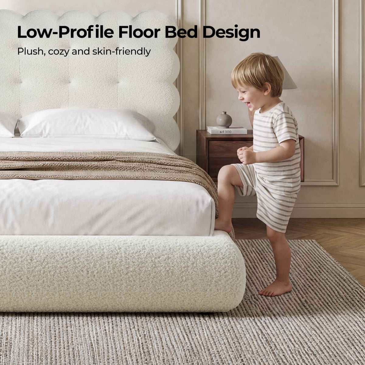ADORNEVE Upholstered Cloud Bed Frame Queen with Tufted Wave Headboard and 4.9" Fully Cushioned Foam Soft Rounded Corners