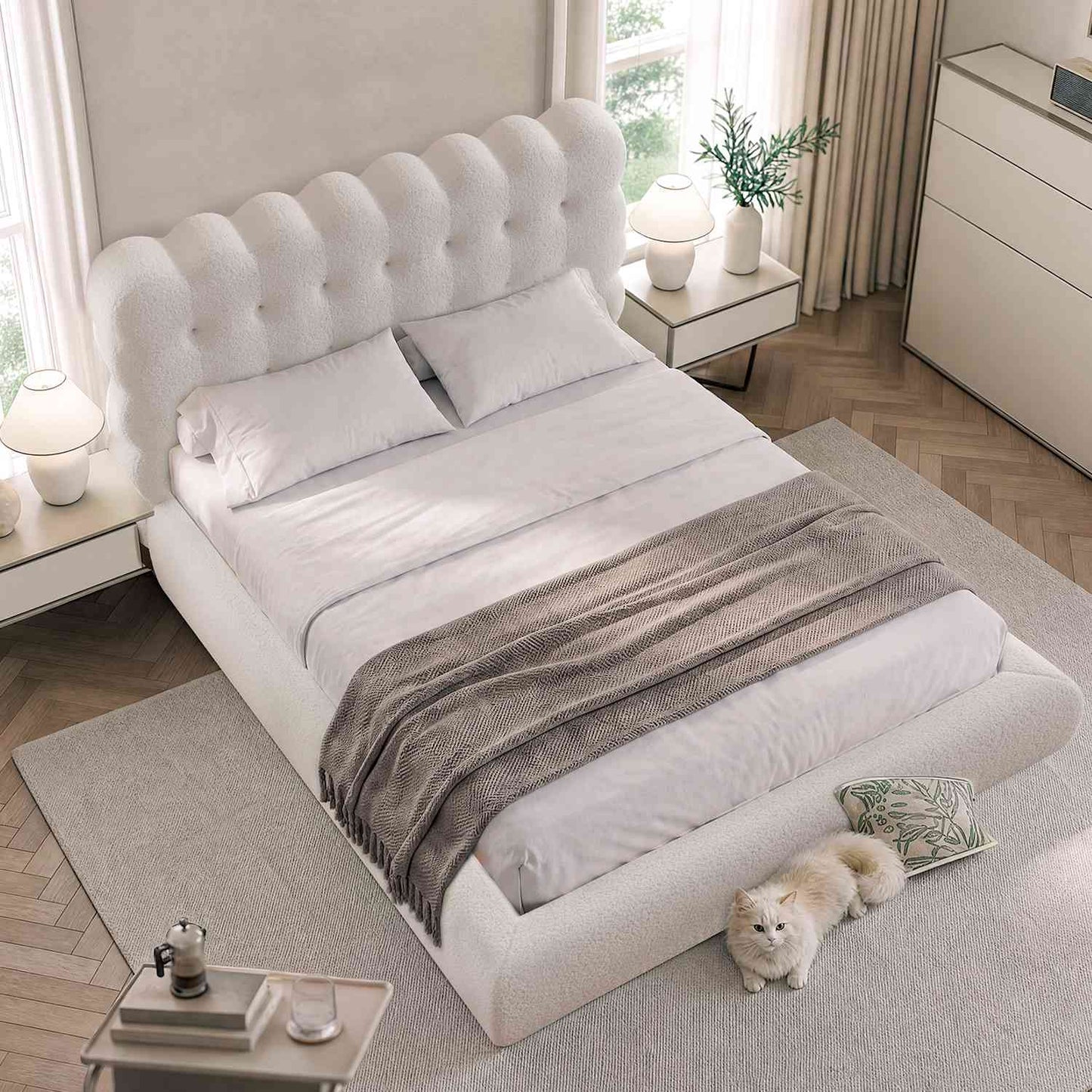 ADORNEVE Upholstered Cloud Bed Frame Queen with Tufted Wave Headboard and 4.9" Fully Cushioned Foam Soft Rounded Corners