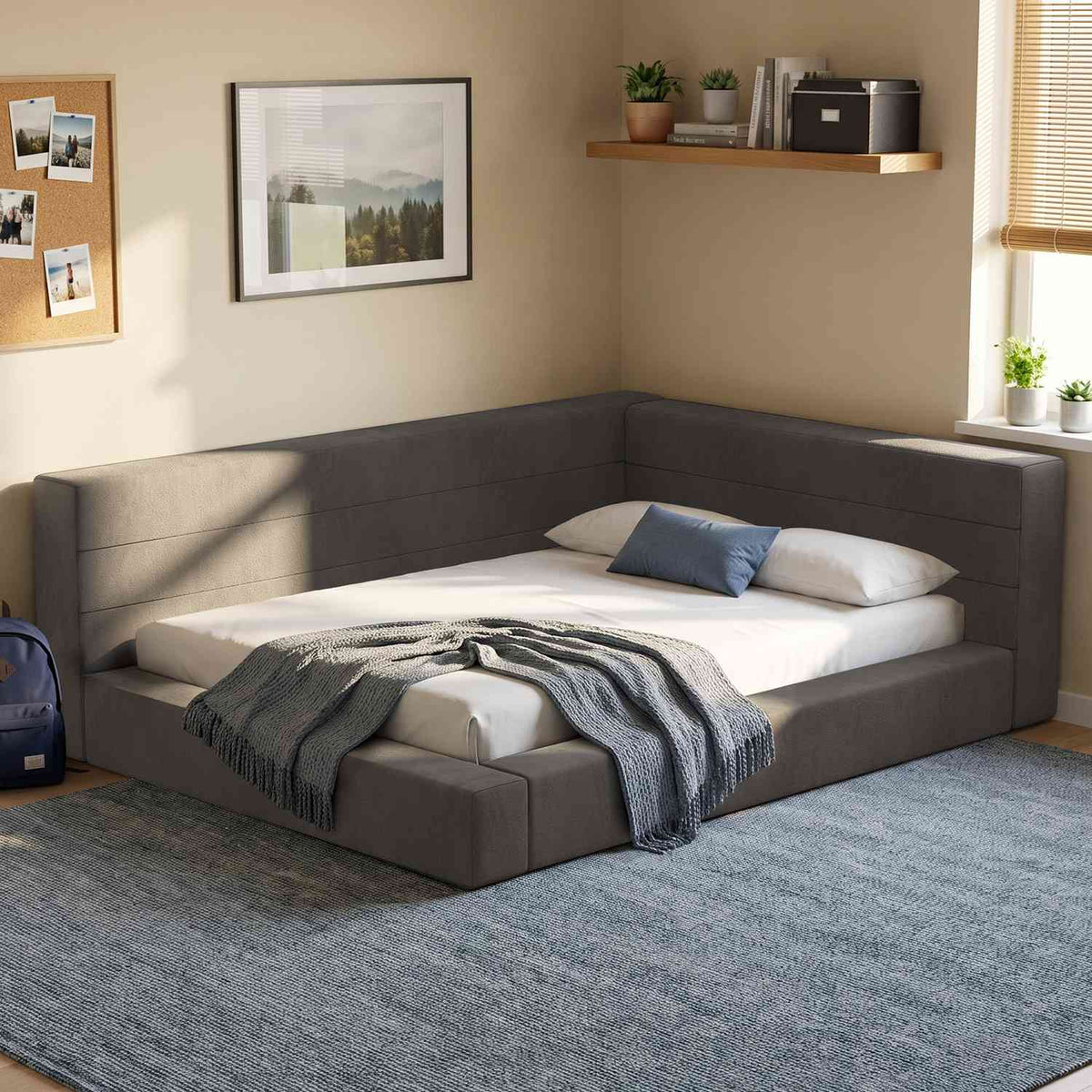 ADORNEVE Full Corner Cloud Bed Frame 360° Cushioned L-Shaped Daybed 5.9" Thick Headboard