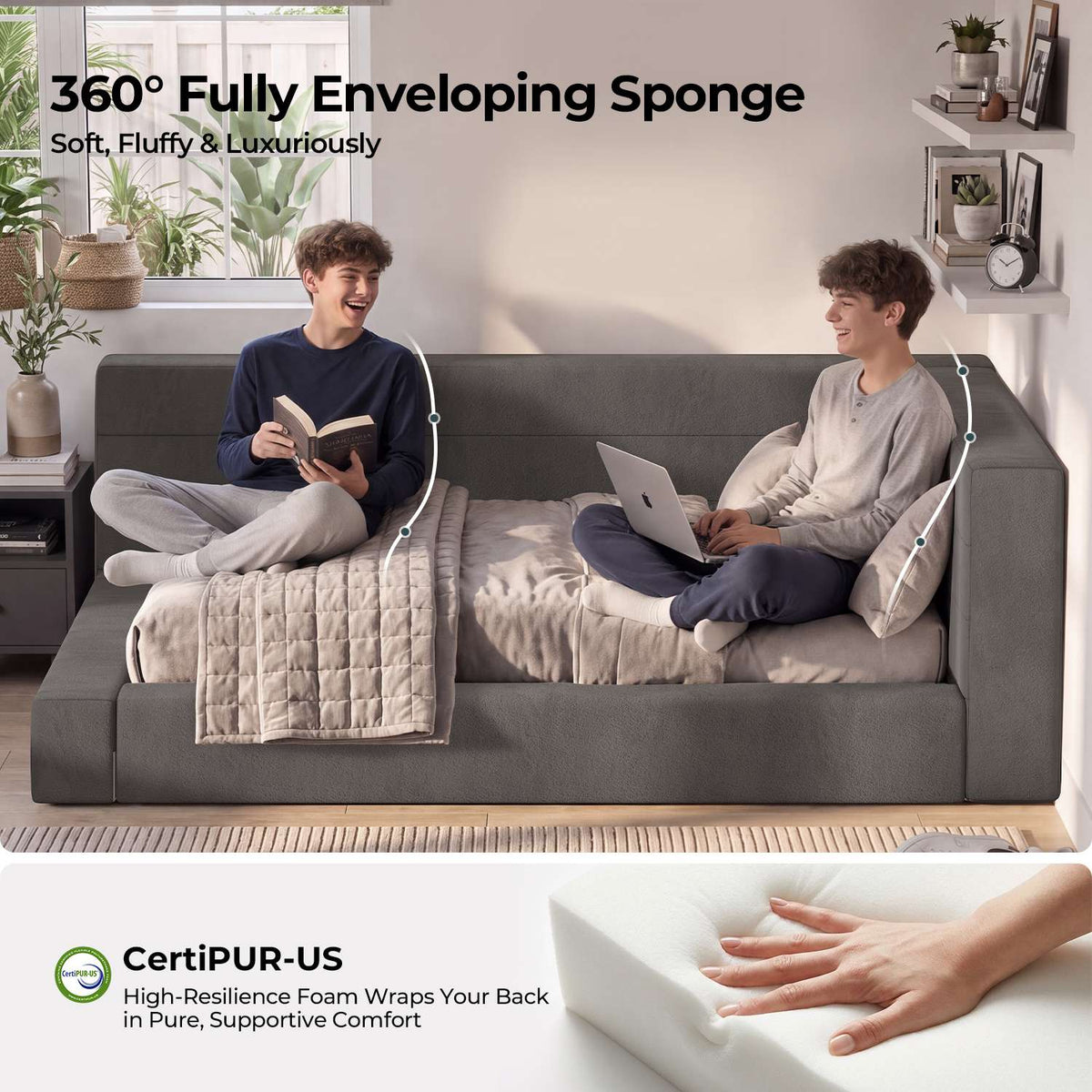 ADORNEVE Full Corner Cloud Bed Frame 360° Cushioned L-Shaped Daybed 5.9" Thick Headboard