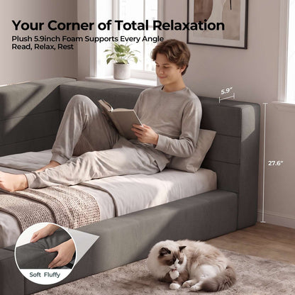 ADORNEVE Full Corner Cloud Bed Frame 360° Cushioned L-Shaped Daybed 5.9" Thick Headboard