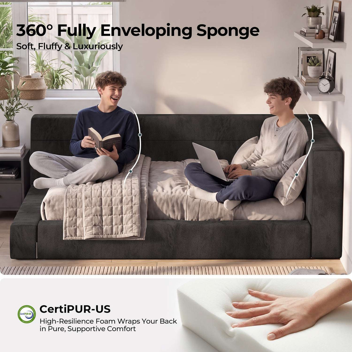 ADORNEVE Full Corner Cloud Bed Frame 360° Cushioned L-Shaped Daybed 5.9" Thick Headboard