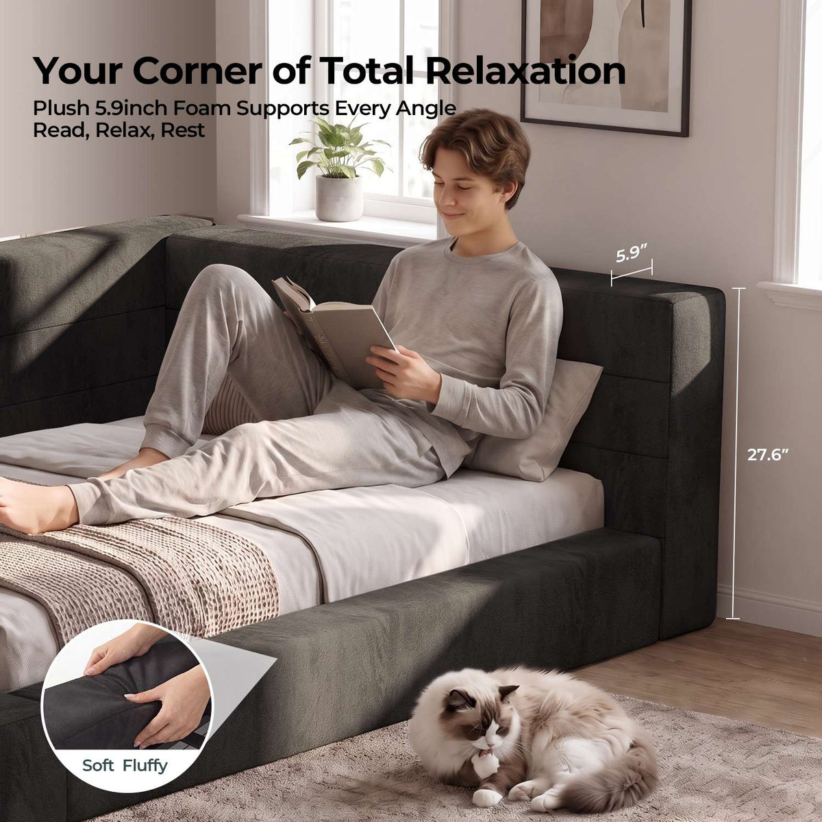 ADORNEVE Full Corner Cloud Bed Frame 360° Cushioned L-Shaped Daybed 5.9" Thick Headboard