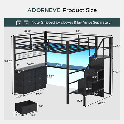 ADORNEVE Full Size Loft Bed with L Desk and 6 Drawers Metal LED Loft Bed with Storage Stairs and Charging Station