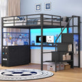 ADORNEVE Full Size Loft Bed with L Desk and 6 Drawers Metal LED Loft Bed with Storage Stairs and Charging Station