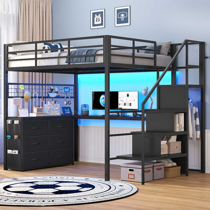 ADORNEVE Full Size Loft Bed with L Desk and 6 Drawers Metal LED Loft Bed with Storage Stairs and Charging Station