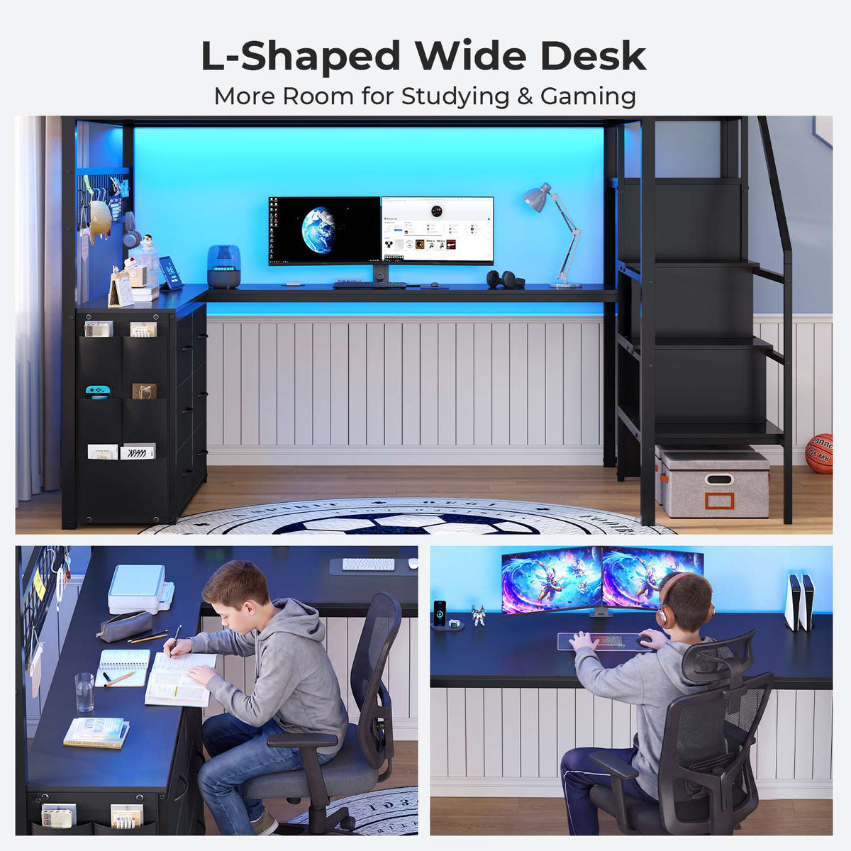 ADORNEVE Full Size Loft Bed with L Desk and 6 Drawers Metal LED Loft Bed with Storage Stairs and Charging Station