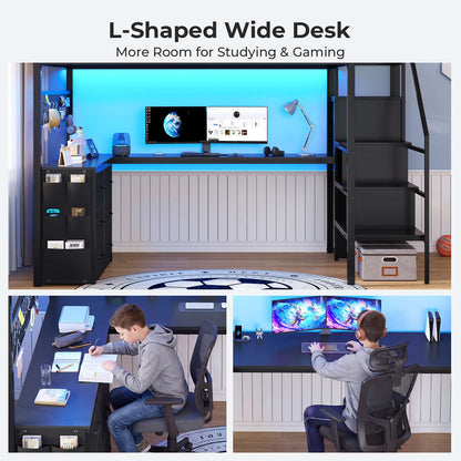 ADORNEVE Full Size Loft Bed with L Desk and 6 Drawers Metal LED Loft Bed with Storage Stairs and Charging Station