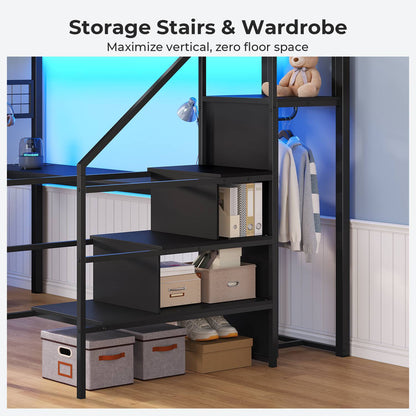 ADORNEVE Full Size Loft Bed with L Desk and 6 Drawers Metal LED Loft Bed with Storage Stairs and Charging Station