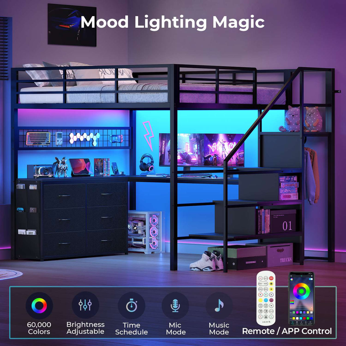 ADORNEVE Full Size Loft Bed with L Desk and 6 Drawers Metal LED Loft Bed with Storage Stairs and Charging Station