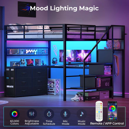 ADORNEVE Full Size Loft Bed with L Desk and 6 Drawers Metal LED Loft Bed with Storage Stairs and Charging Station