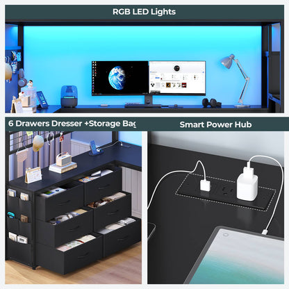 ADORNEVE Full Size Loft Bed with L Desk and 6 Drawers Metal LED Loft Bed with Storage Stairs and Charging Station