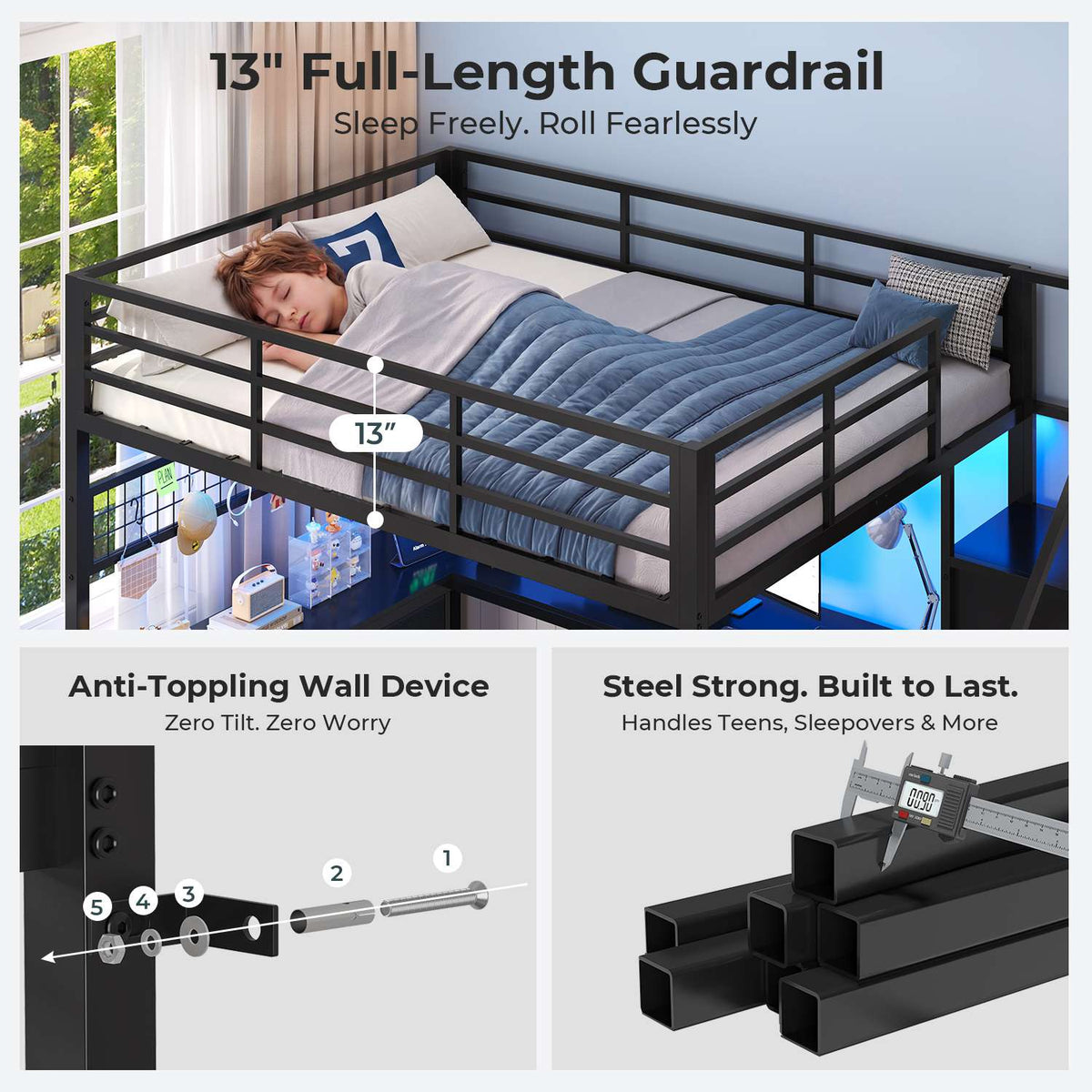 ADORNEVE Full Size Loft Bed with L Desk and 6 Drawers Metal LED Loft Bed with Storage Stairs and Charging Station