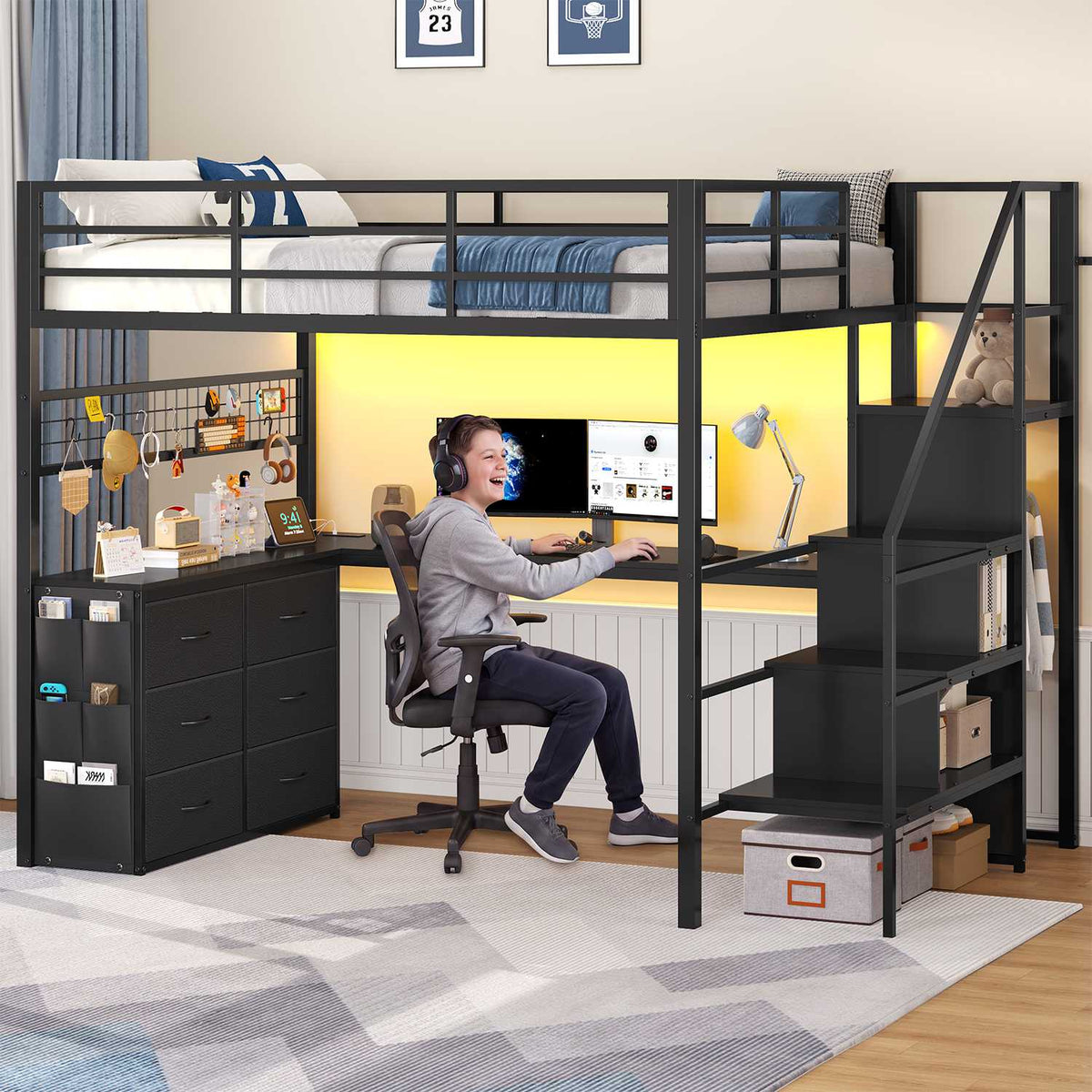 ADORNEVE Full Size Loft Bed with L Desk and 6 Drawers Metal LED Loft Bed with Storage Stairs and Charging Station