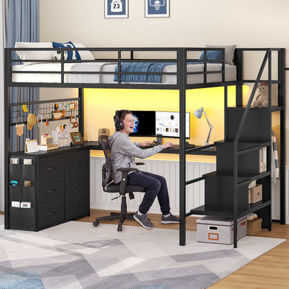 ADORNEVE Full Size Loft Bed with L Desk and 6 Drawers Metal LED Loft Bed with Storage Stairs and Charging Station
