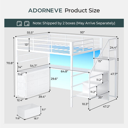 ADORNEVE Full Size Loft Bed with L Desk and 6 Drawers Metal LED Loft Bed with Storage Stairs and Charging Station