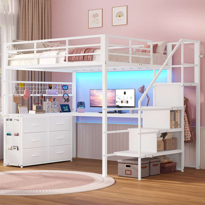 ADORNEVE Full Size Loft Bed with L Desk and 6 Drawers Metal LED Loft Bed with Storage Stairs and Charging Station