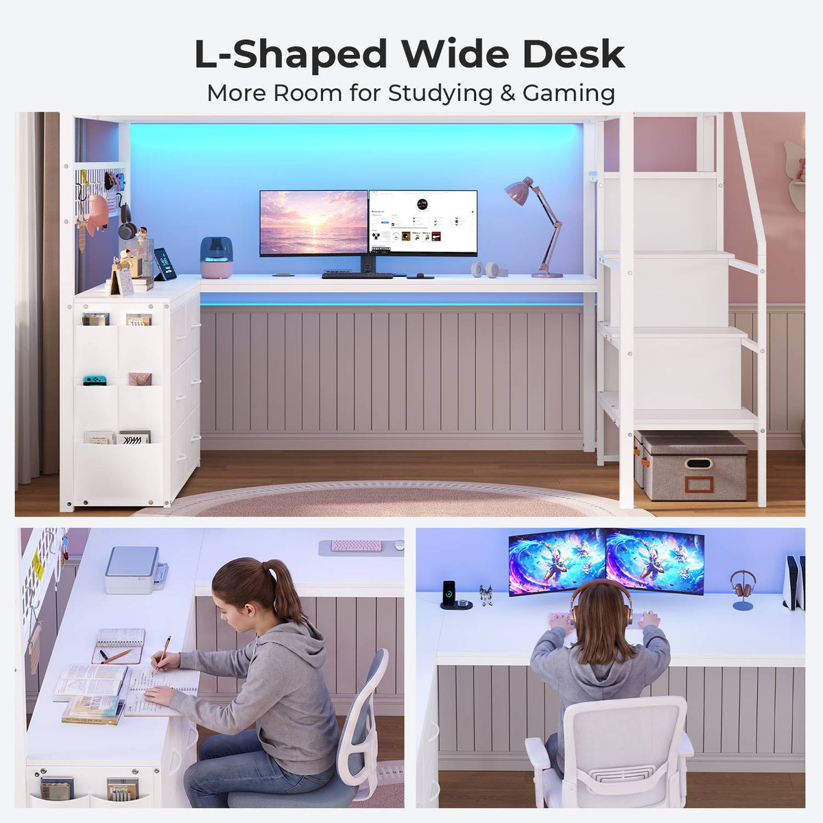 ADORNEVE Full Size Loft Bed with L Desk and 6 Drawers Metal LED Loft Bed with Storage Stairs and Charging Station