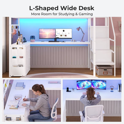 ADORNEVE Full Size Loft Bed with L Desk and 6 Drawers Metal LED Loft Bed with Storage Stairs and Charging Station