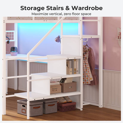 ADORNEVE Full Size Loft Bed with L Desk and 6 Drawers Metal LED Loft Bed with Storage Stairs and Charging Station