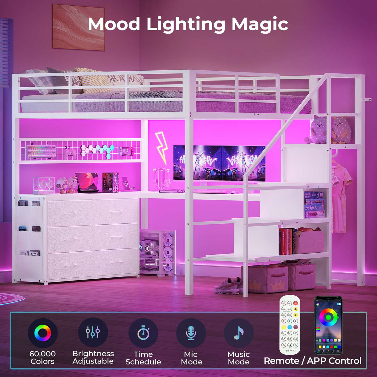 ADORNEVE Full Size Loft Bed with L Desk and 6 Drawers Metal LED Loft Bed with Storage Stairs and Charging Station