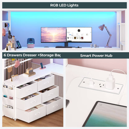 ADORNEVE Full Size Loft Bed with L Desk and 6 Drawers Metal LED Loft Bed with Storage Stairs and Charging Station