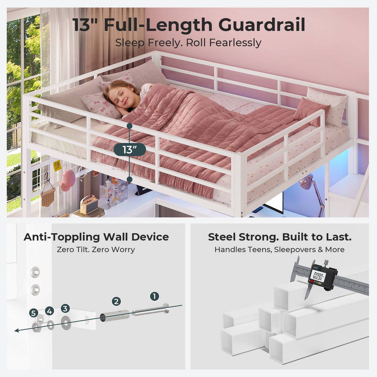 ADORNEVE Full Size Loft Bed with L Desk and 6 Drawers Metal LED Loft Bed with Storage Stairs and Charging Station