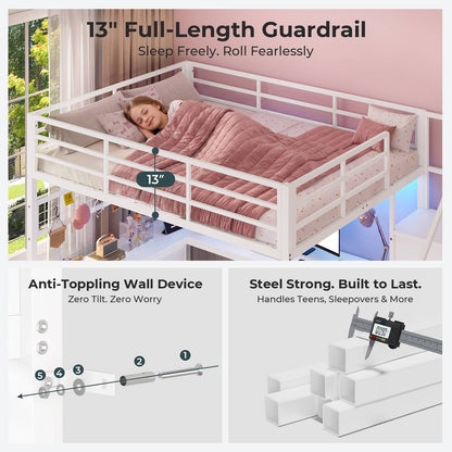 ADORNEVE Full Size Loft Bed with L Desk and 6 Drawers Metal LED Loft Bed with Storage Stairs and Charging Station