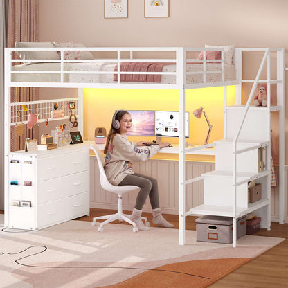 ADORNEVE Full Size Loft Bed with L Desk and 6 Drawers Metal LED Loft Bed with Storage Stairs and Charging Station